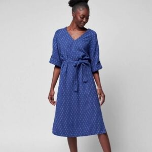 Faherty Atlantic Ave Blue Shadow V-Neck Organic Cotton Midi Dress Large